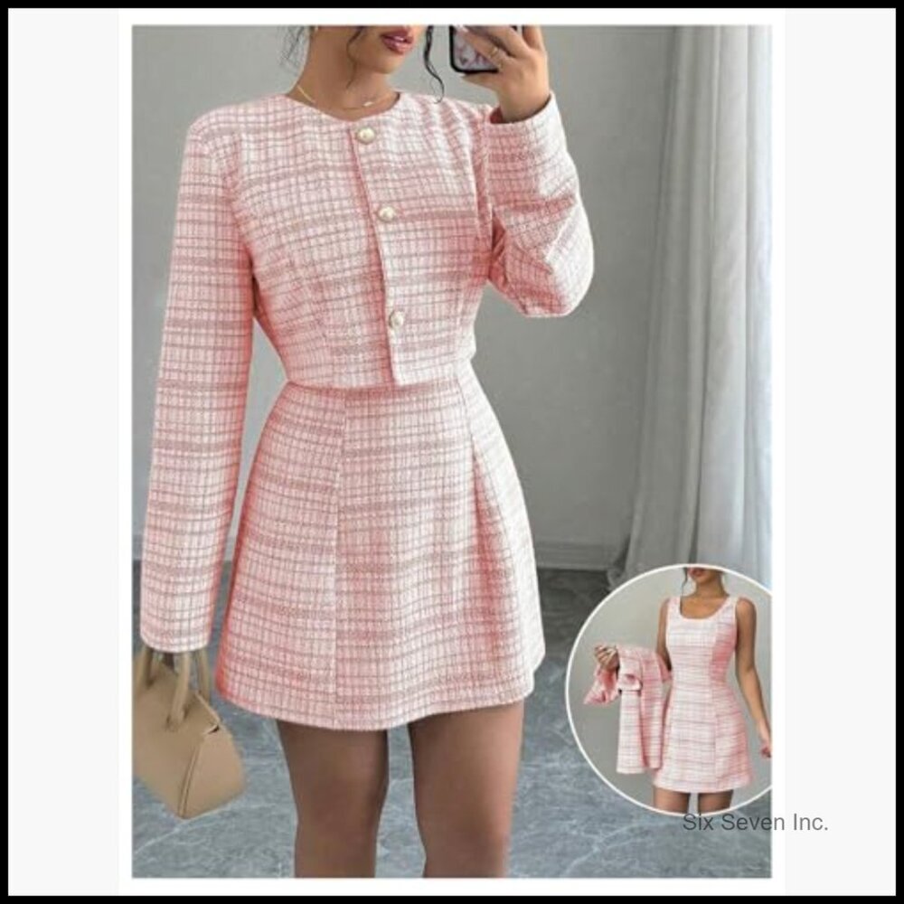 Polyester Plaid 2-Piece Set Cropped Jacket and Mini Dress - Picture 5 of 5